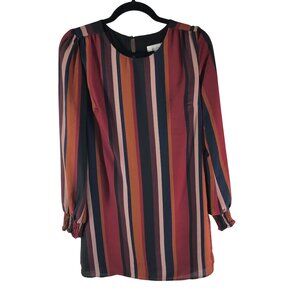 Allison Joy Shift Dress Long Shirred Sleeve Striped Pockets Satin Orange XS